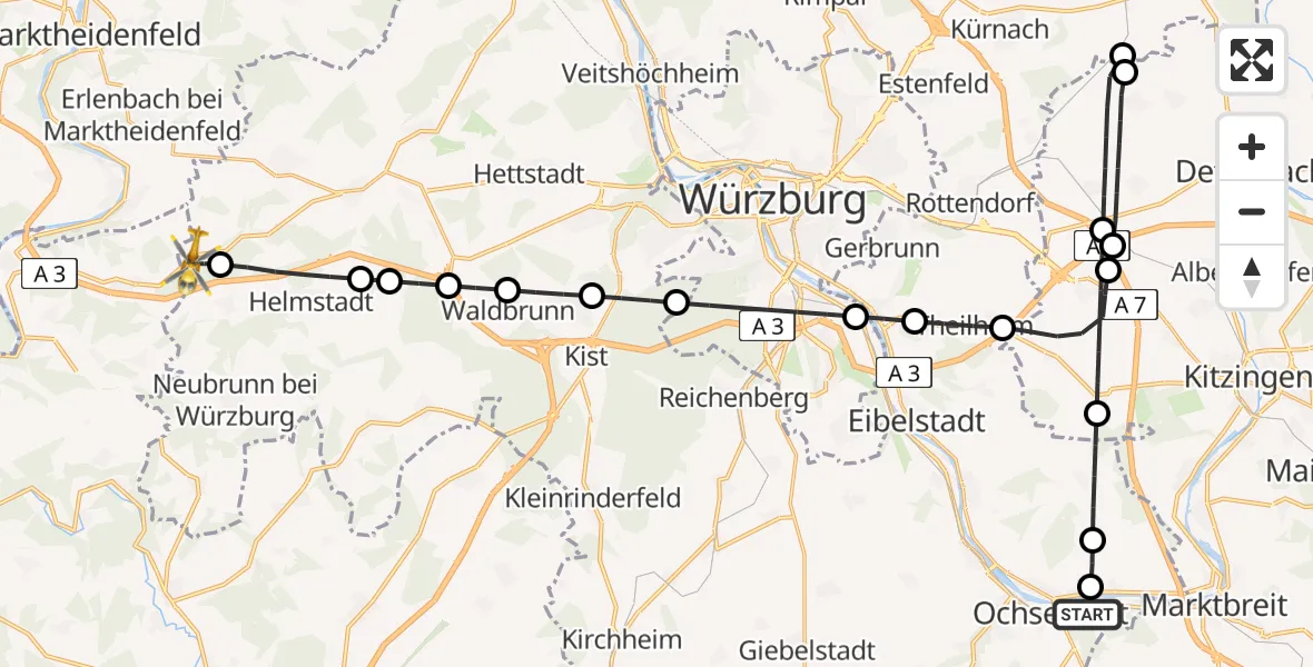 Flugroute Rettungshubschrauber Ochsenfurt - Holzkirchen, 18 August 2026, 09:39