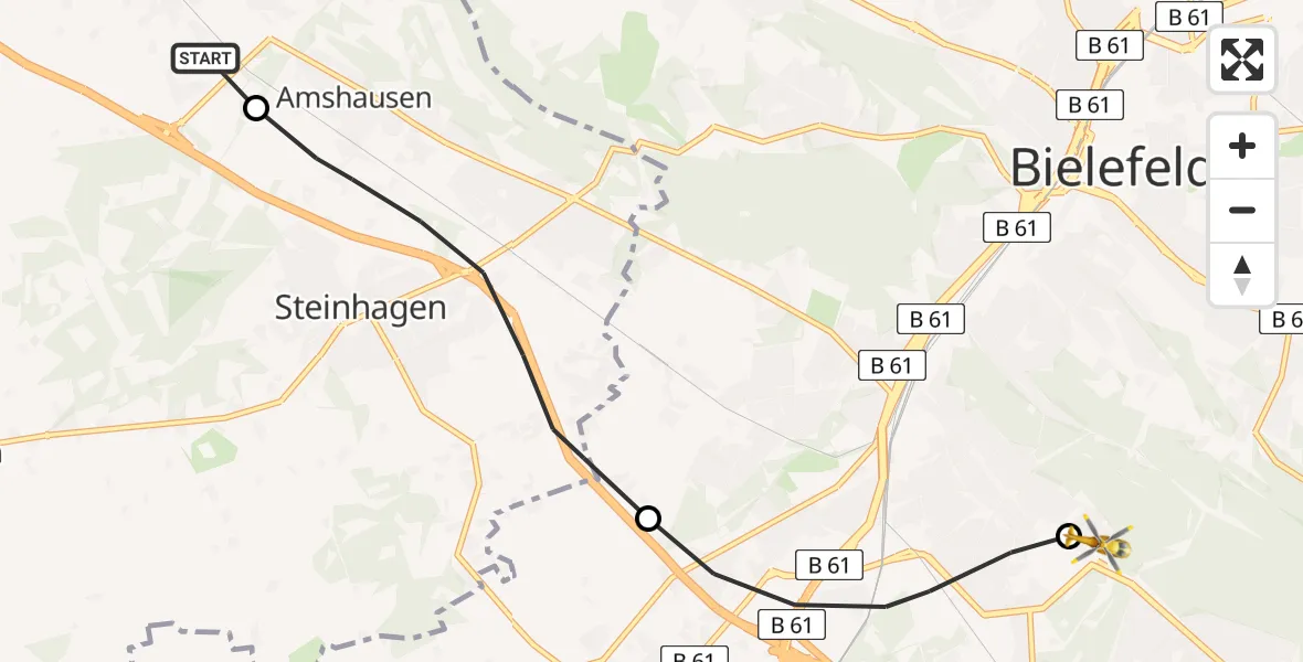 Flugroute Rettungshubschrauber Halle (Westf.) - Luftrettungszentrum Bielefeld, 18 August 2026, 09:41
