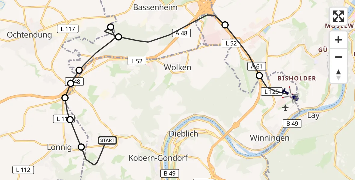 Flugroute Polizeihubschrauber Kobern-Gondorf - Koblenz-Winningen Flugplatz, 18 August 2026, 09:42