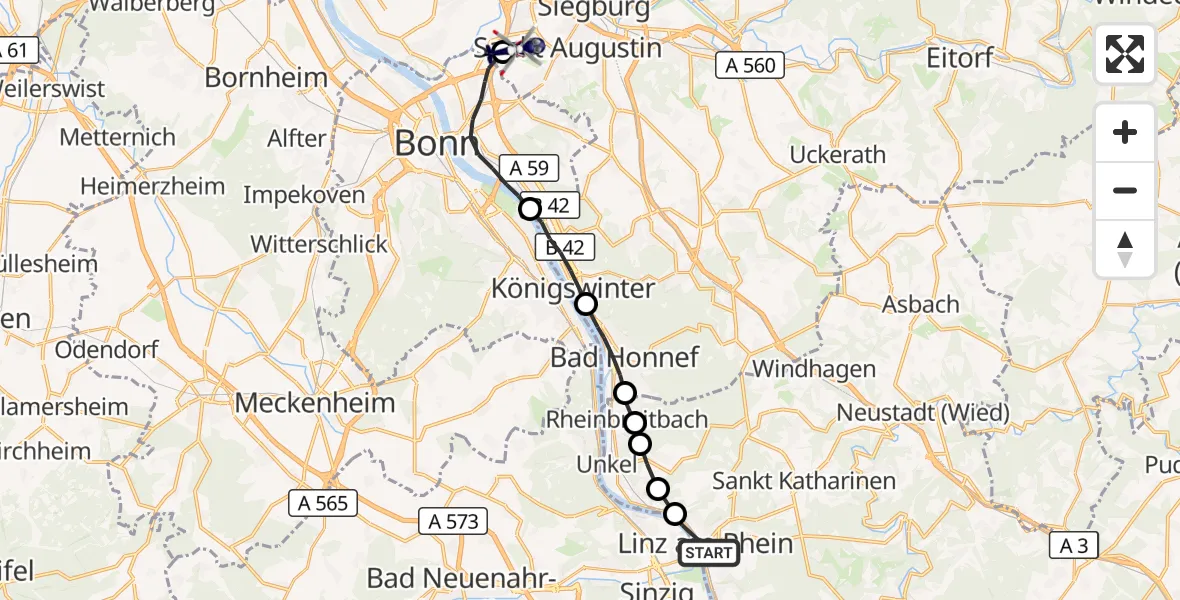 Flugroute Polizeihubschrauber Linz am Rhein - Sankt Augustin, 18 August 2026, 09:42