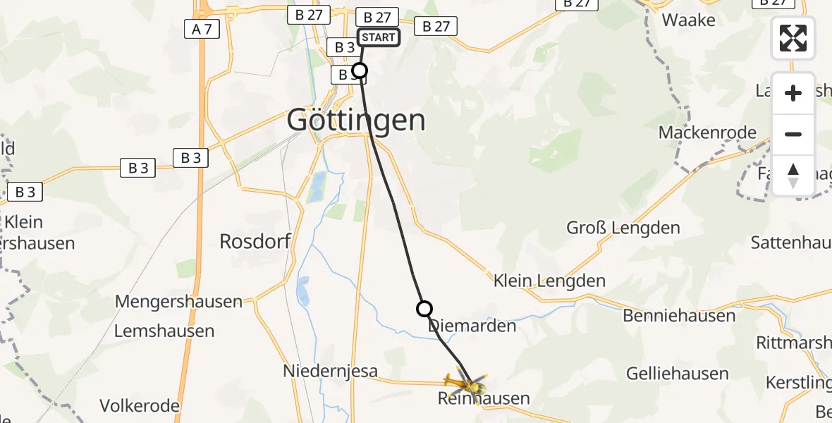 Flugroute Rettungshubschrauber Göttingen University Clinic Hubschrauberlandeplatz - Gleichen, 18 August 2026, 09:47