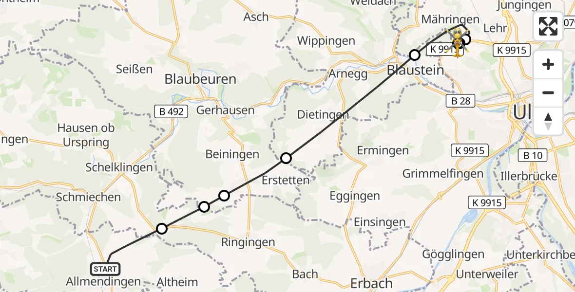 Flugroute Rettungshubschrauber Allmendingen - ADAC Air Rescue Station Ulm (Christoph 22), 18 August 2026, 09:48