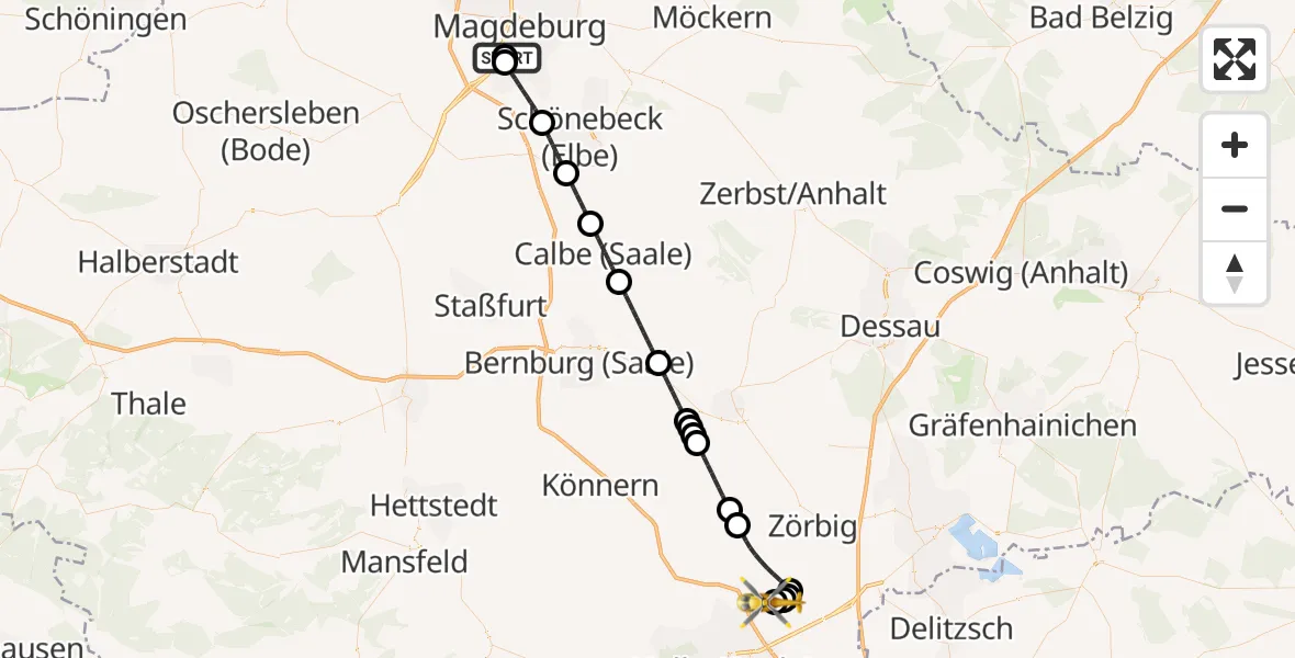 Flugroute Rettungshubschrauber Magdeburg University Hospital - Halle-Oppin Flugplatz, 18 August 2026, 09:49