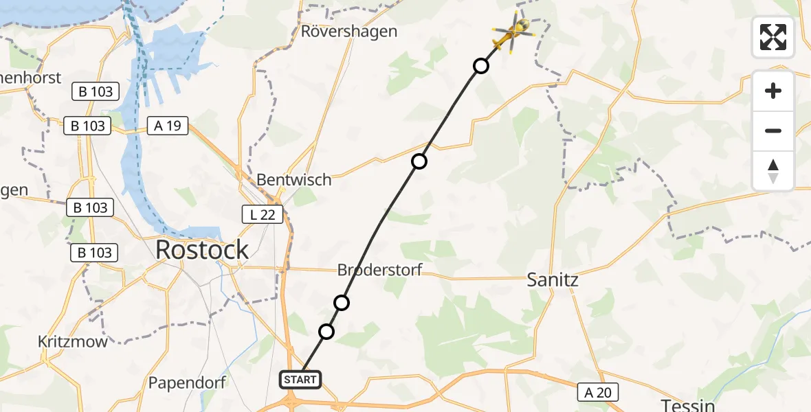 Flugroute Ambulanzhubschrauber Dummerstorf - Blankenhagen, 18 August 2026, 09:49