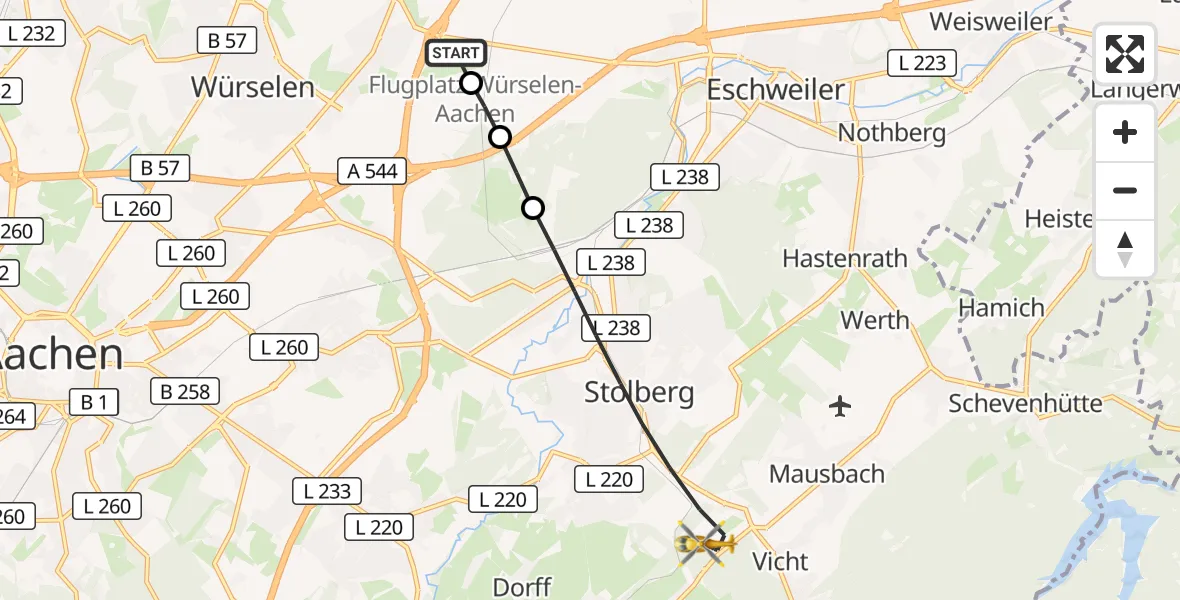 Flugroute Rettungshubschrauber Aachen-Merzbrück Flughafen - Stolberg (Rhld.), 18 August 2026, 09:54