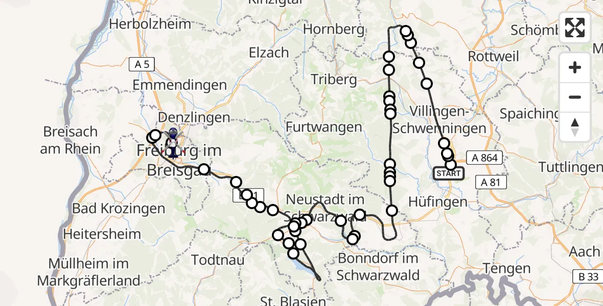 Flugroute Polizeihubschrauber Donaueschingen-Villingen Flugplatz - Freiburg im Breisgau Flugplatz, 18 August 2026, 09:56