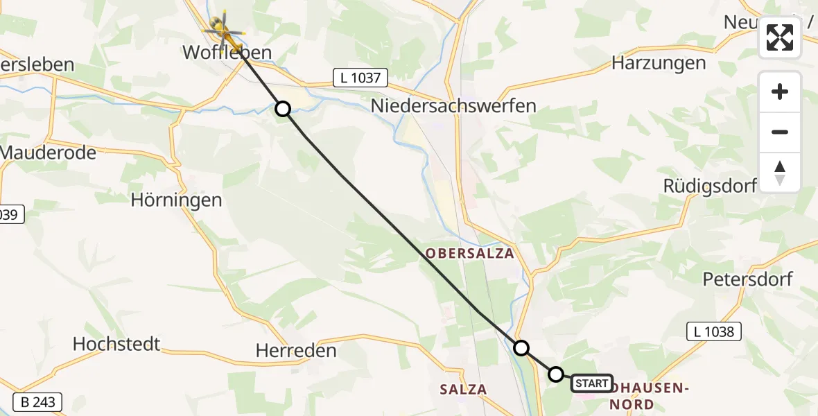 Flugroute Rettungshubschrauber Südharz Hospital Nordhausen - Ellrich, 18 August 2026, 09:58