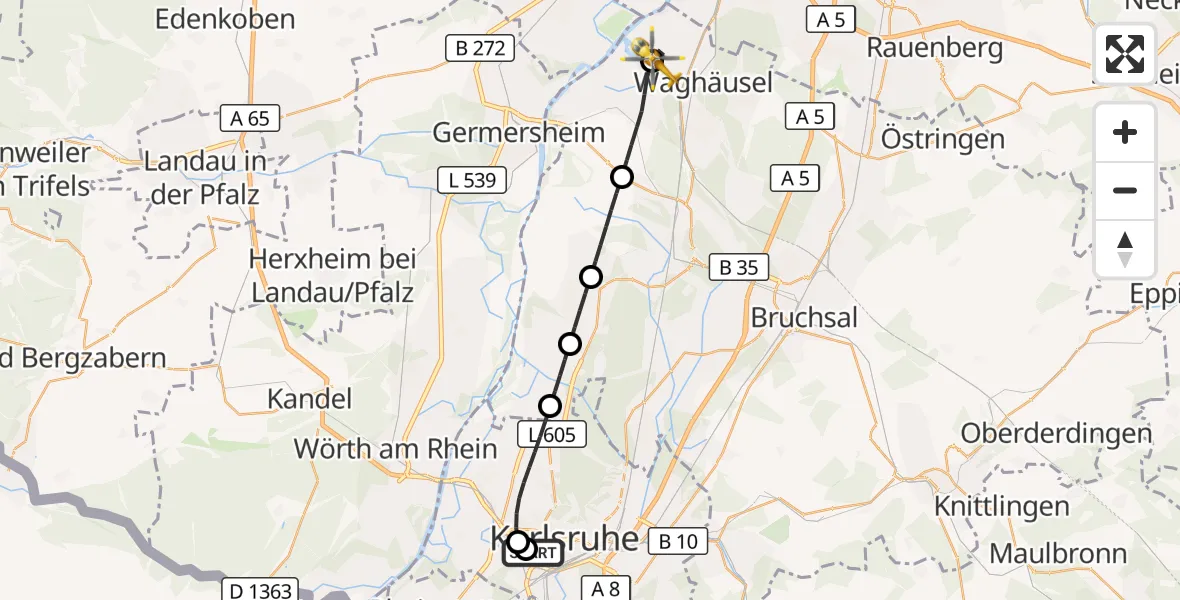 Flugroute Ambulanzhubschrauber Sankt Vincentius Hospital - Oberhausen-Rheinhausen, 18 August 2026, 09:58