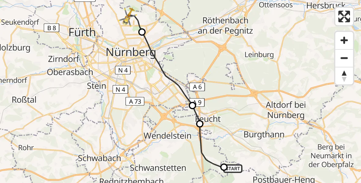 Flugroute Ambulanzhubschrauber Pyrbaum - Flughafen Nuremberg, 18 August 2026, 10:02
