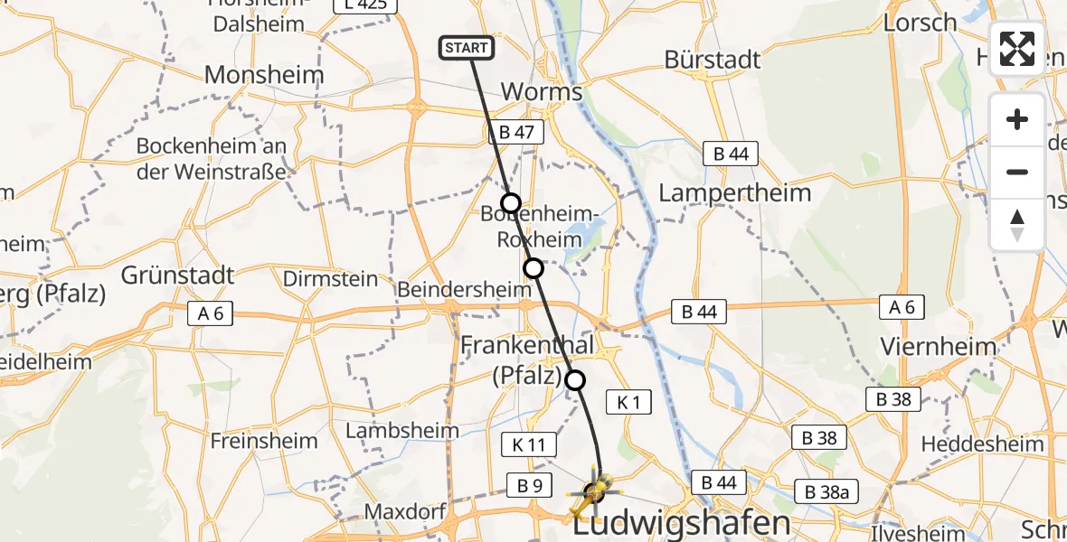 Flugroute Rettungshubschrauber Worms - Ludwigshafen Accident Hospital, 18 August 2026, 10:03