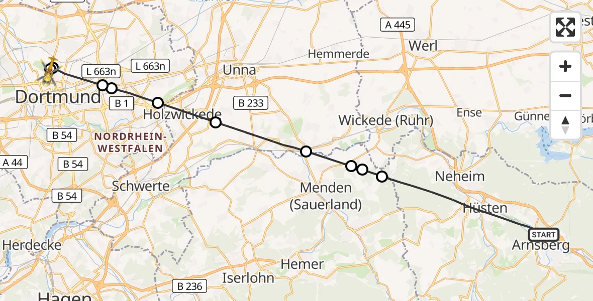 Flugroute Rettungshubschrauber Arnsberg - Dortmund Hospital North, 18 August 2026, 10:03