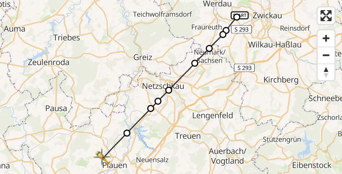 Flugroute Rettungshubschrauber ADAC Air Rescue Station Zwickau Hubschrauberlandeplatz - Plauen, 18 August 2026, 10:08