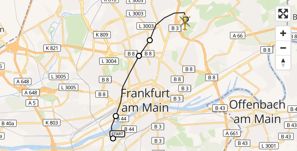 Flugroute Rettungshubschrauber Frankfurt University Hospital - Frankfurt am Main Accident Hospital Roof Helipad (CHX2), 18 August 2026, 10:09