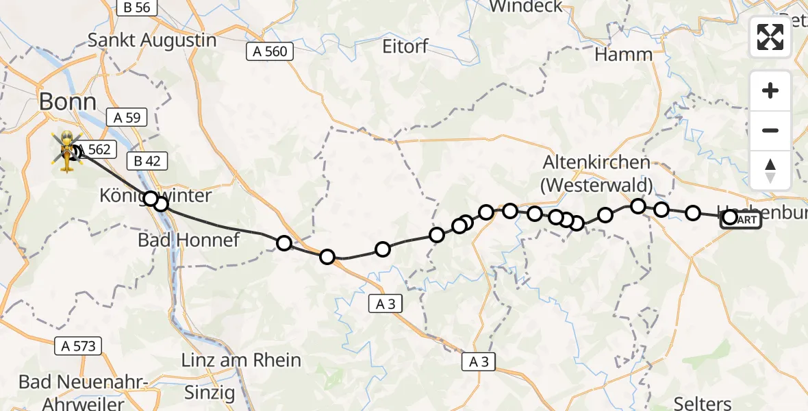 Flugroute Ambulanzhubschrauber Hachenburg - Bonn University Hospital, 18 August 2026, 10:21