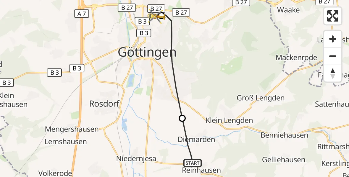 Flugroute Rettungshubschrauber Gleichen - Göttingen University Clinic Hubschrauberlandeplatz, 18 August 2026, 10:30