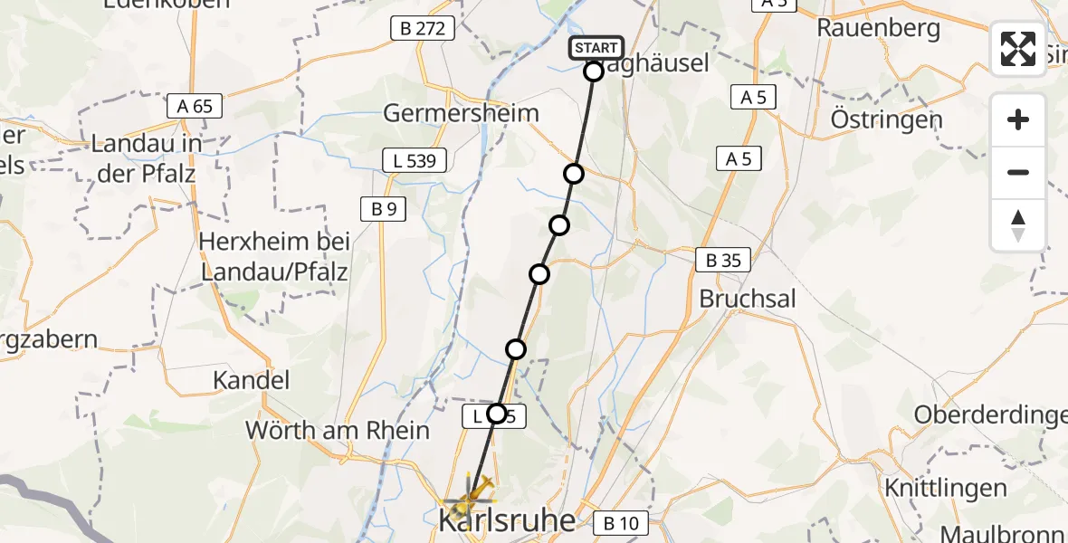 Flugroute Ambulanzhubschrauber Oberhausen-Rheinhausen - Karlsruhe, 18 August 2026, 10:40