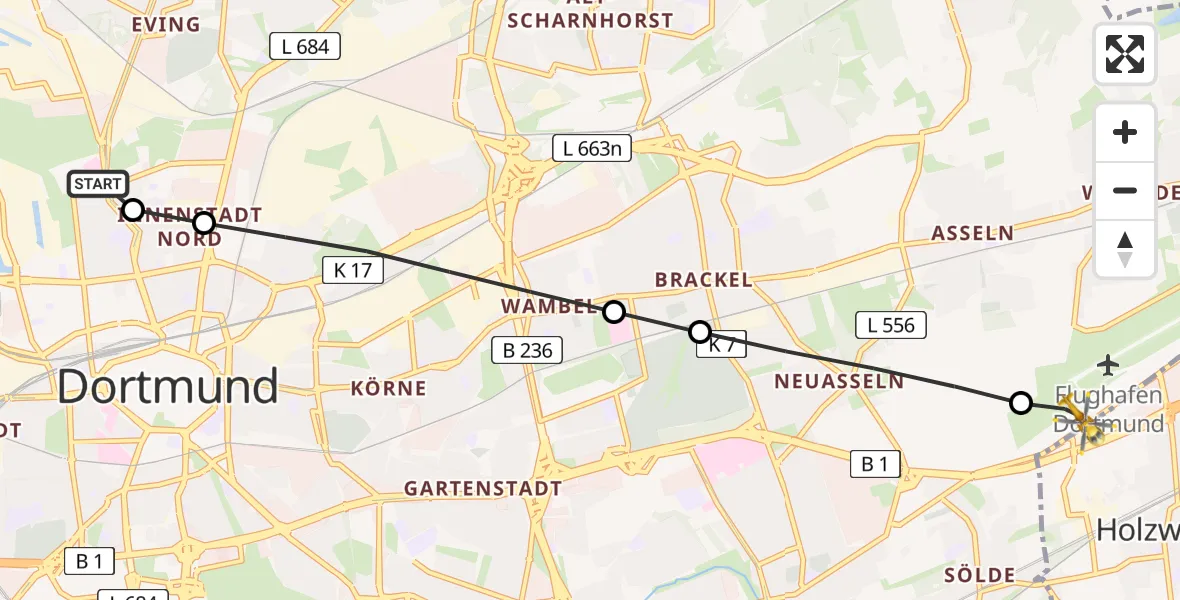 Flugroute Rettungshubschrauber Dortmund Hospital North - Dortmund Flughafen, 18 August 2026, 10:45