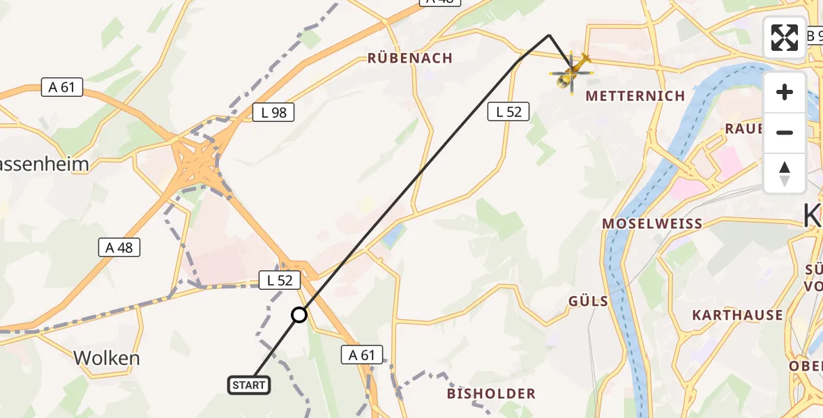 Flugroute Rettungshubschrauber Kobern-Gondorf - Koblenz, 18 August 2026, 10:49