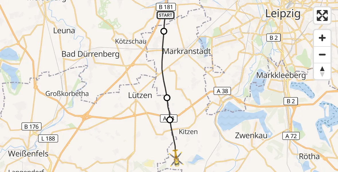 Flugroute Rettungshubschrauber Leuna - Pegau, 18 August 2026, 10:51