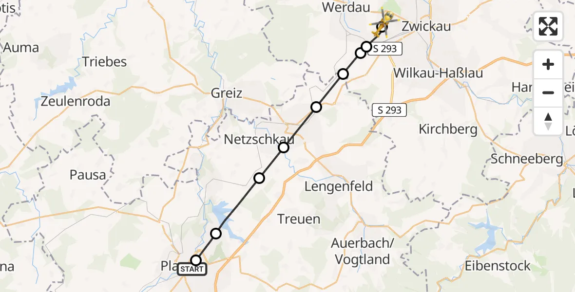 Flugroute Rettungshubschrauber Helios Clinic Plauen - ADAC Air Rescue Station Zwickau Hubschrauberlandeplatz, 18 August 2026, 10:53