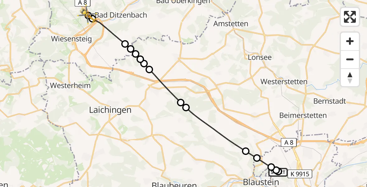 Flugroute Rettungshubschrauber Ulm Military Hospital Emergency - Gruibingen, 18 August 2026, 11:01