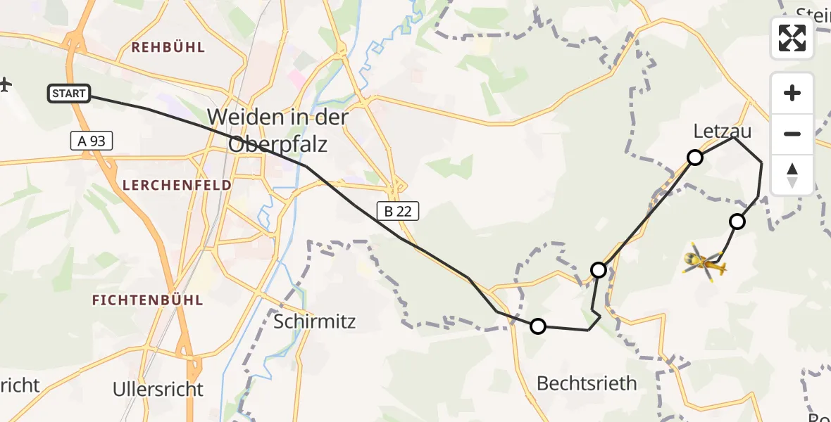 Flugroute Ambulanzhubschrauber Weiden i.d.OPf. - Weiden i.d.OPf., 18 August 2026, 11:07