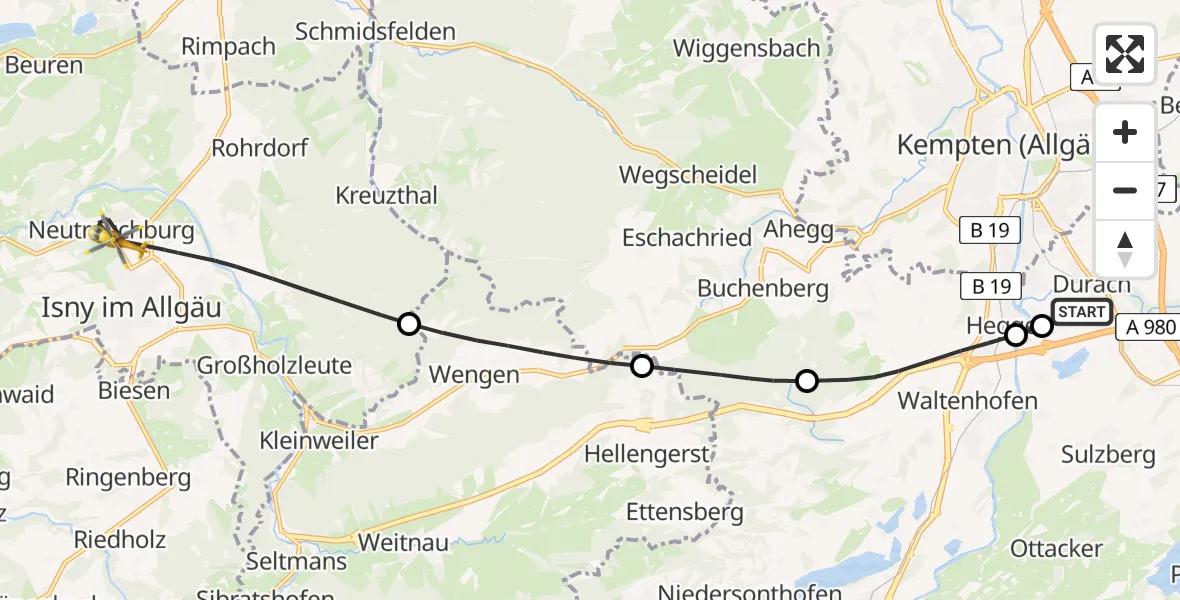 Flugroute Rettungshubschrauber Kempten-Durach Flugplatz - Isny im Allgäu, 18 August 2026, 11:11