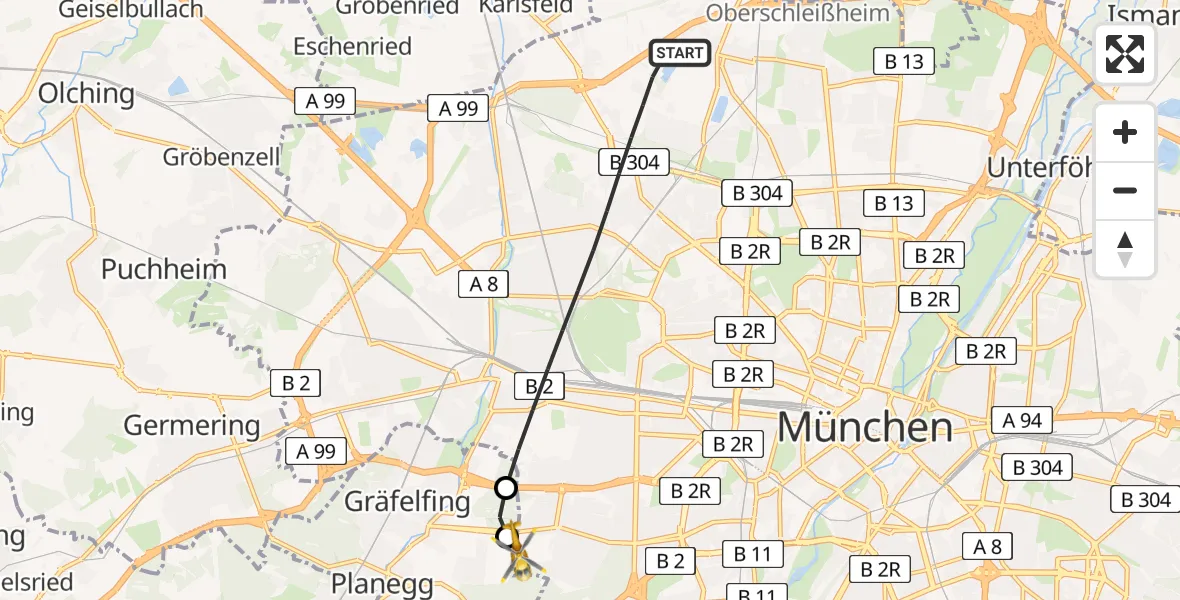 Flugroute Rettungshubschrauber München - DRF Air Rescue München Hubschrauberlandeplatz, 18 August 2026, 11:17
