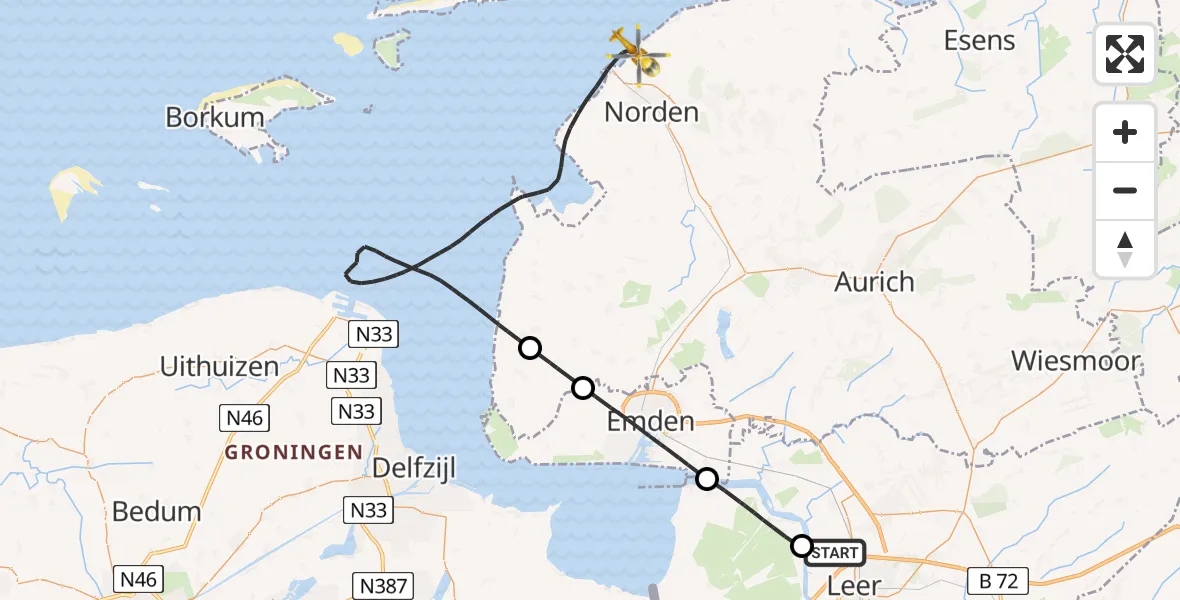 Flugroute Ambulanzhubschrauber Leer (Ostfriesland) - Noordzee, 18 August 2026, 11:20