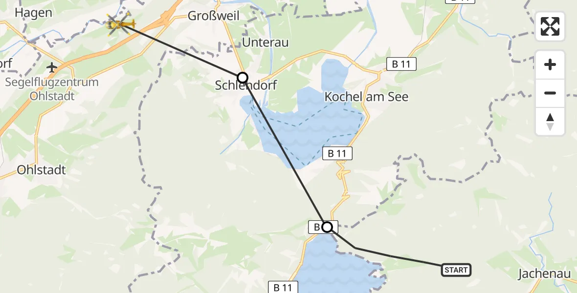 Flugroute Rettungshubschrauber Jachenau - Großweil, 18 August 2026, 11:20