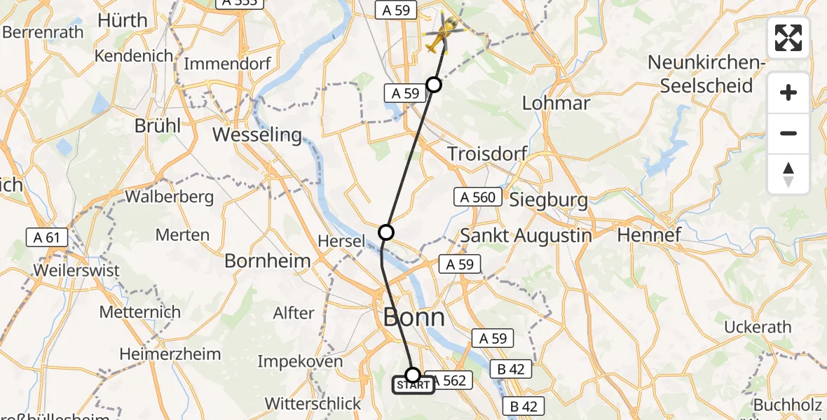 Flugroute Ambulanzhubschrauber Bonn University Hospital - Köln Bonn Flughafen, 18 August 2026, 11:35