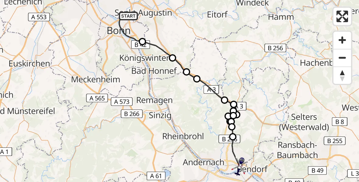 Flugroute Polizeihubschrauber Bonn - Neuwied, 18 August 2026, 11:38