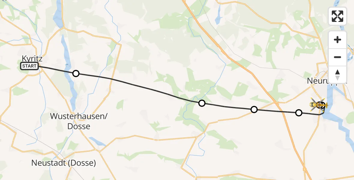 Flugroute Rettungshubschrauber Kyritz - Rupin Hospital, 18 August 2026, 11:38