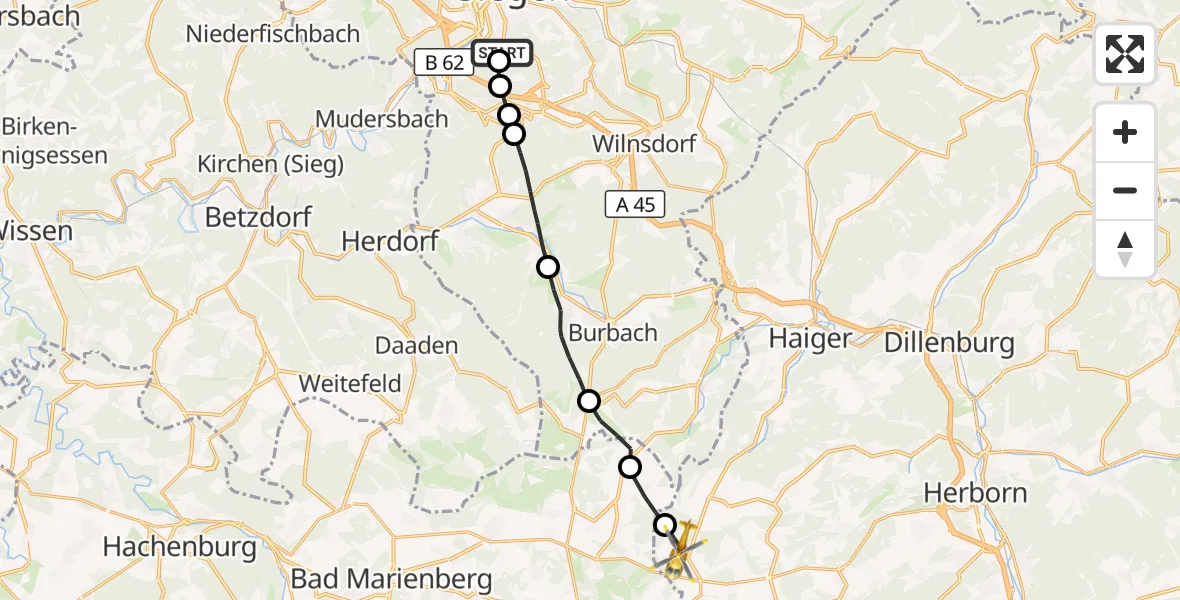 Flugroute Rettungshubschrauber Evangelisches Jung-Stilling Hospital - Driedorf, 18 August 2026, 11:43