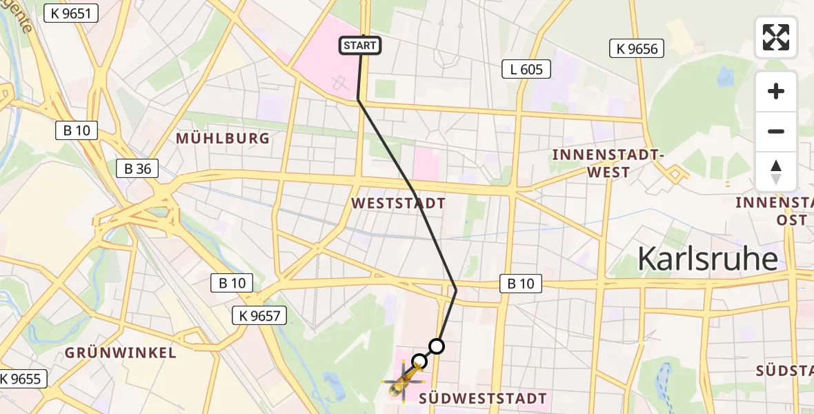 Flugroute Ambulanzhubschrauber Karlsruhe - Sankt Vincentius Hospital, 18 August 2026, 11:46