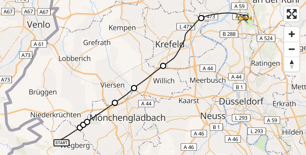 Flugroute Rettungshubschrauber Wegberg - Duisburg Air Rescue Hubschrauberlandeplatz (Christoph 9), 18 August 2026, 11:52
