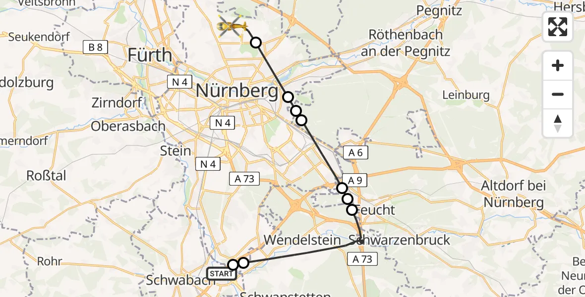 Flugroute Ambulanzhubschrauber Schwabach - Flughafen Nuremberg, 18 August 2026, 12:01