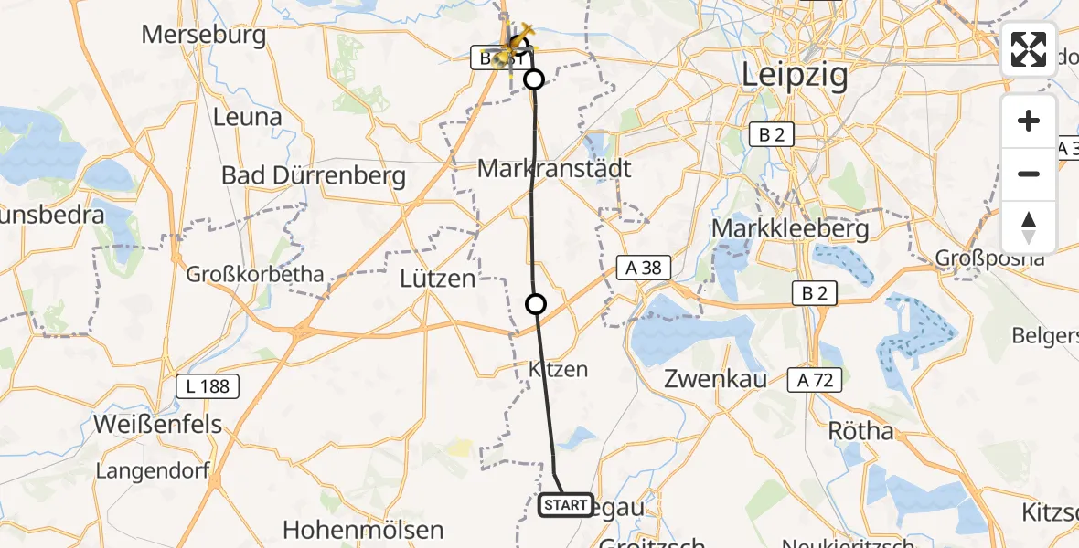 Flugroute Rettungshubschrauber Pegau - ADAC Air Rescue Station Leipzig/Schkeuditz-Dölzig Hubschrauberlandeplatz (Christoph 61), 18 August 2026, 12:03