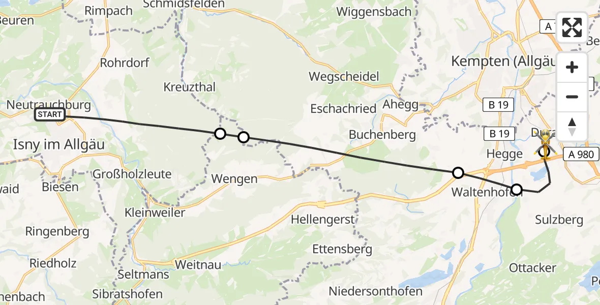 Flugroute Rettungshubschrauber Isny im Allgäu - Kempten-Durach Flugplatz, 18 August 2026, 12:03