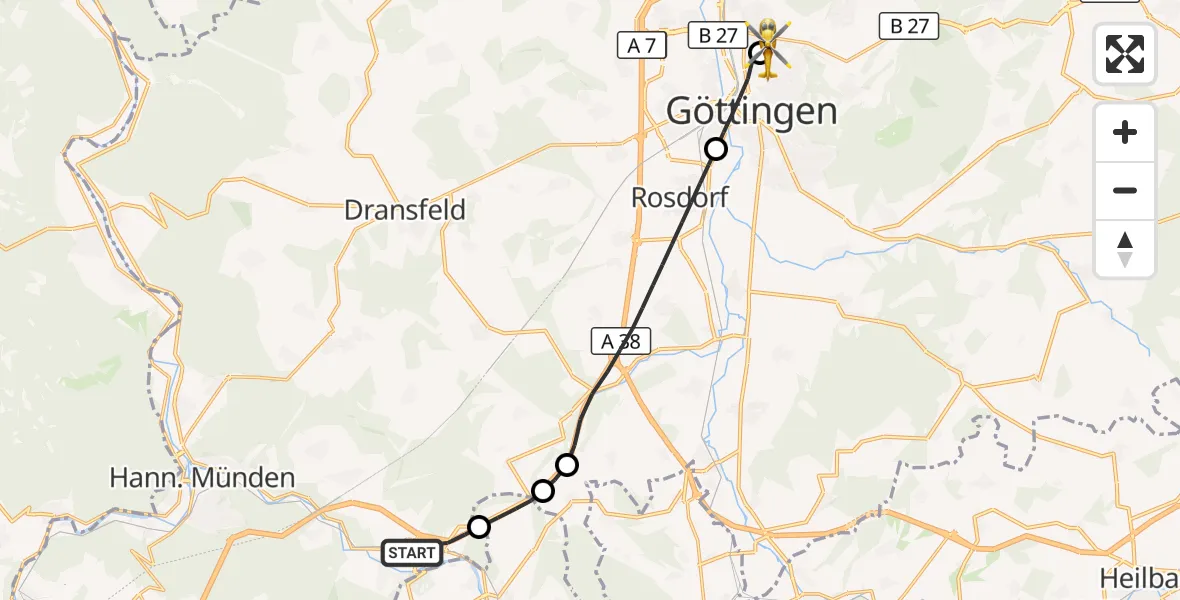 Flugroute Rettungshubschrauber Hann.Münden - Göttingen University Clinic Hubschrauberlandeplatz, 18 August 2026, 12:08