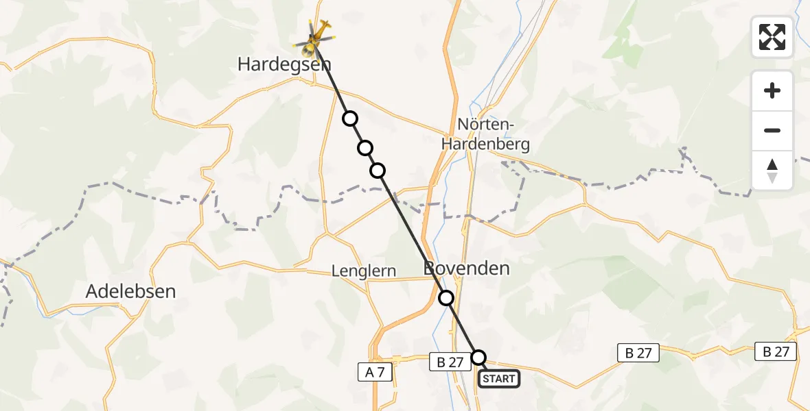 Flugroute Rettungshubschrauber Göttingen University Clinic Hubschrauberlandeplatz - Hardegsen, 18 August 2026, 12:22