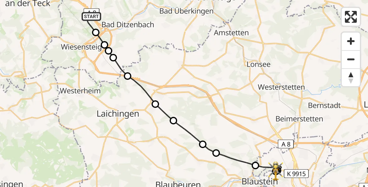 Flugroute Rettungshubschrauber Gruibingen - ADAC Air Rescue Station Ulm (Christoph 22), 18 August 2026, 12:23