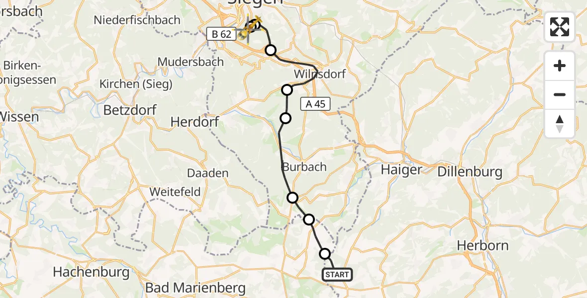 Flugroute Rettungshubschrauber Driedorf - Evangelisches Jung-Stilling Hospital, 18 August 2026, 12:25