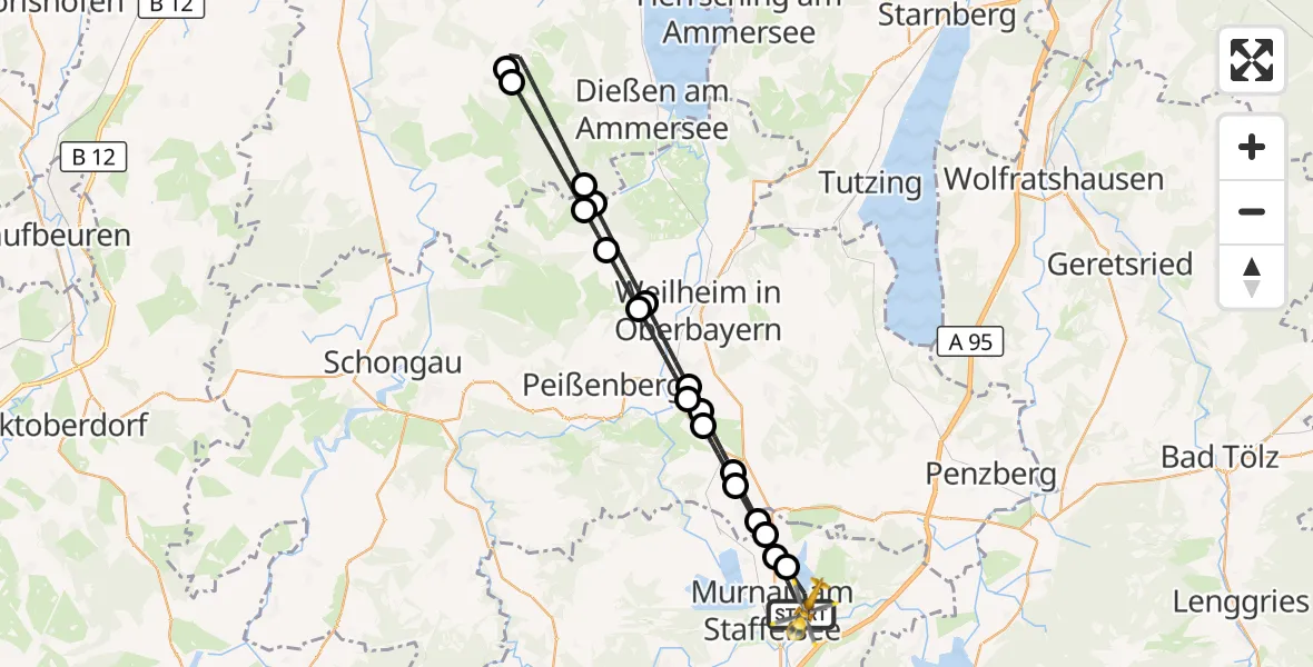 Flugroute Rettungshubschrauber Murnau a.Staffelsee - Riegsee, 18 August 2026, 12:26