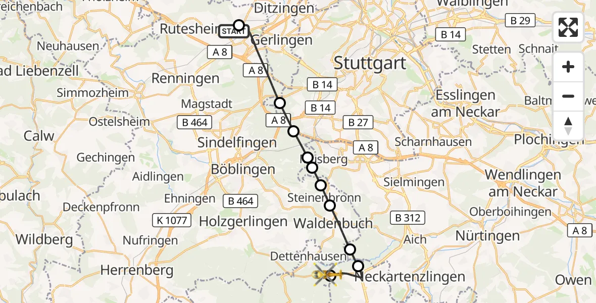 Flugroute Rettungshubschrauber Leonberg Hospital - Dettenhausen, 18 August 2026, 12:33
