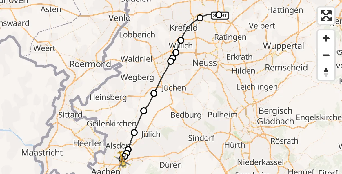 Flugroute Rettungshubschrauber Duisburg Air Rescue Hubschrauberlandeplatz (Christoph 9) - Aachen-Merzbrück Flughafen, 18 August 2026, 12:36