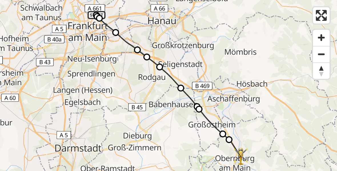 Flugroute Rettungshubschrauber Frankfurt am Main Accident Hospital Roof Helipad (CHX2) - Elsenfeld, 18 August 2026, 12:37