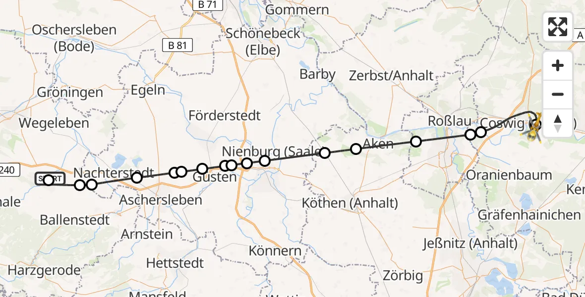 Flugroute Rettungshubschrauber Harz Hospital Quedlinburg - MediClin Heart Center Coswig Hubschrauberlandeplatz, 18 August 2026, 12:39