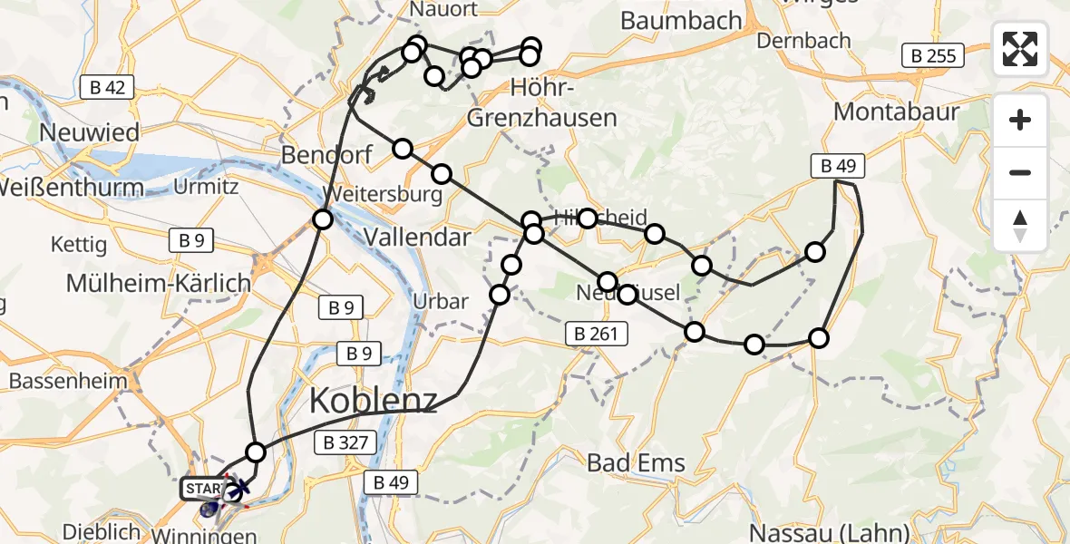 Flugroute Polizeihubschrauber Winningen - Koblenz-Winningen Flugplatz, 18 August 2026, 12:41