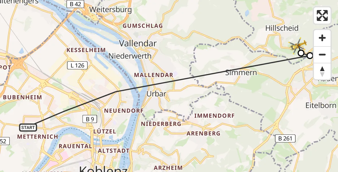Flugroute Rettungshubschrauber Koblenz - Hillscheid, 18 August 2026, 12:49